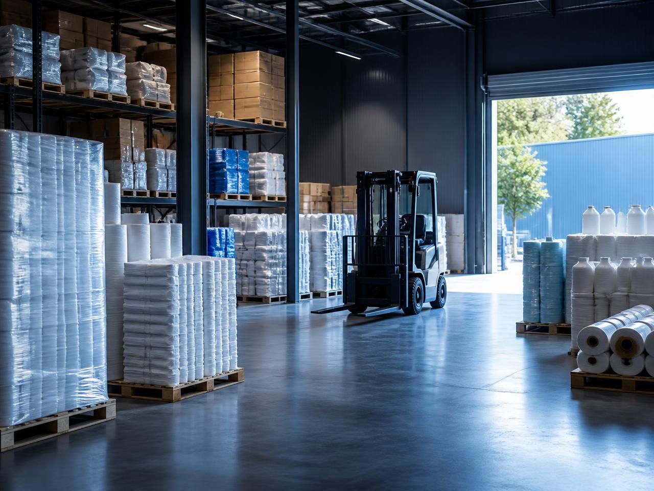 Industrial warehouse in Alsace stocked with pallets of hygiene and cleaning consumables ready for regional delivery